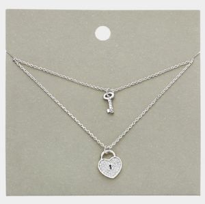 Silver Heart Lock & Key Pendant Necklace Metal Rhinestone Charm Chain Jewelry